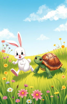A charming and whimsical illustration of a rabbit and a turtle having a friendly race in a lush green meadow