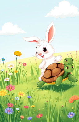 A charming and whimsical illustration of a rabbit and a turtle having a friendly race in a lush green meadow