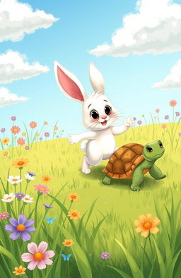 A charming and whimsical illustration of a rabbit and a turtle having a friendly race in a lush green meadow