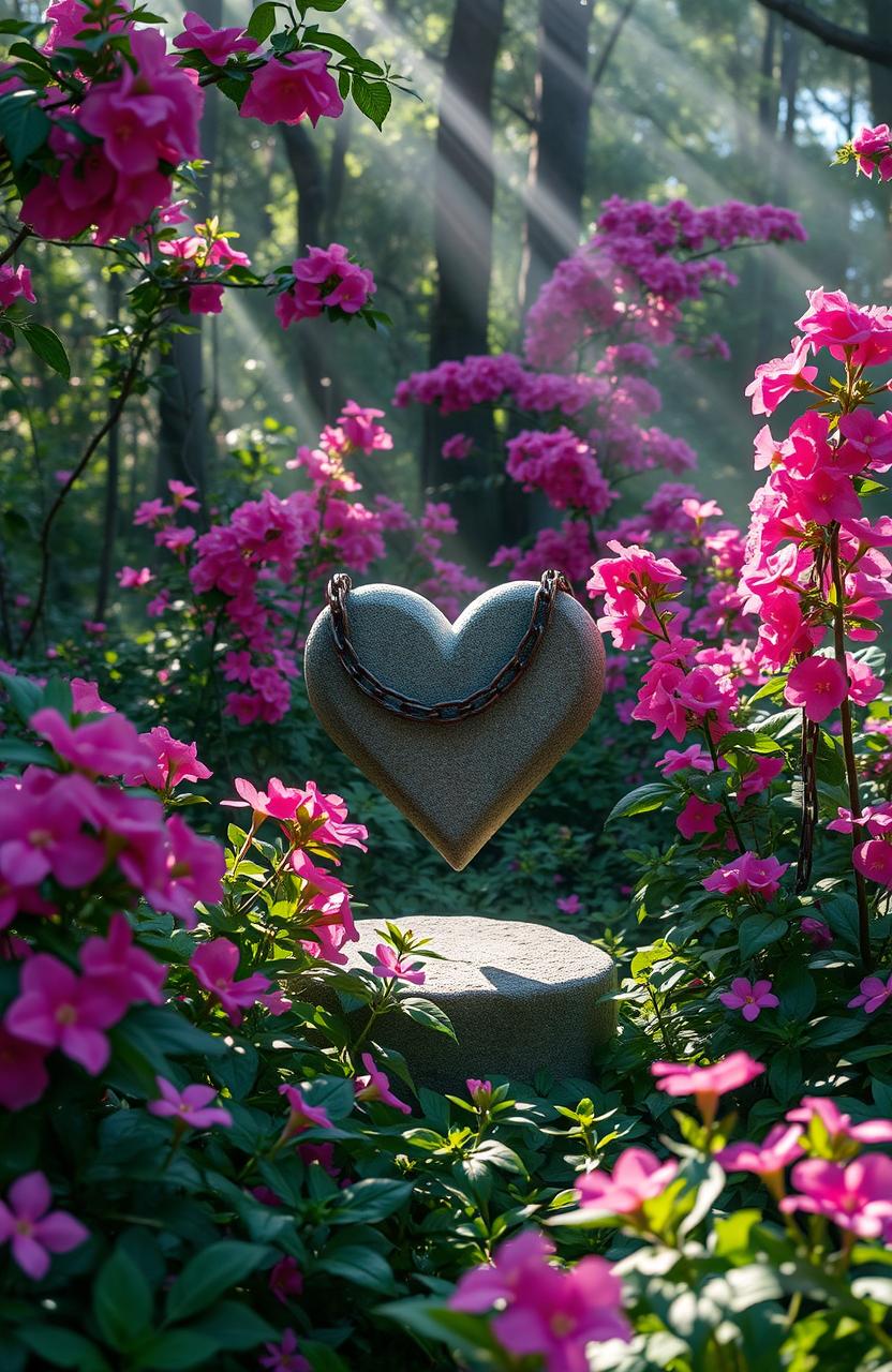 A lush green forest filled with vibrant pink fragapini flowers, their delicate petals contrasting with the deep greens of the foliage