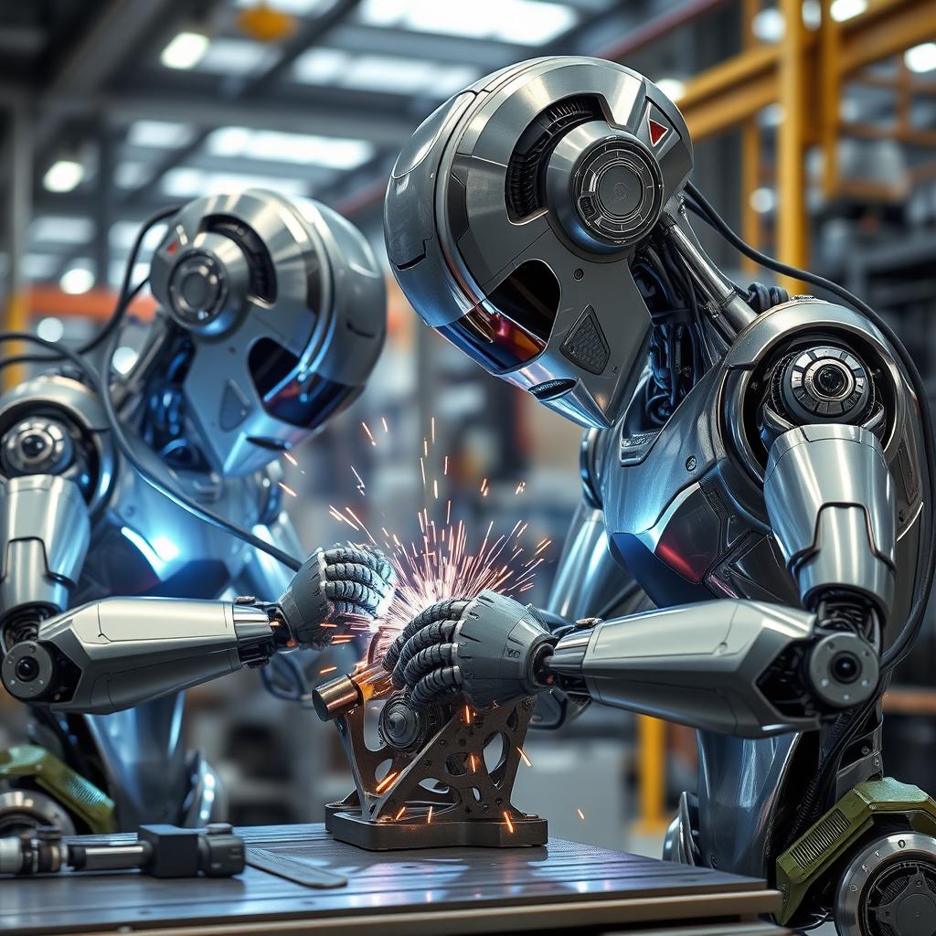 A futuristic scene depicting advanced robotic welders (soldadoras robots) in an industrial setting