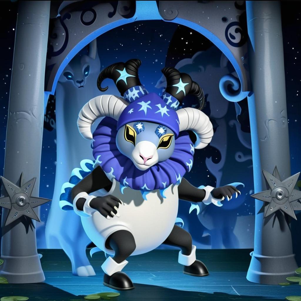 Create an image of a Jester-like bipedal sheep wearing a jester's cap on it's head Ram-like head which is a disguise & cuffs on it's arms, it is reaching out in perspective from a hole/rift from the wall of a theater show-like environment in a 1 point perspective.