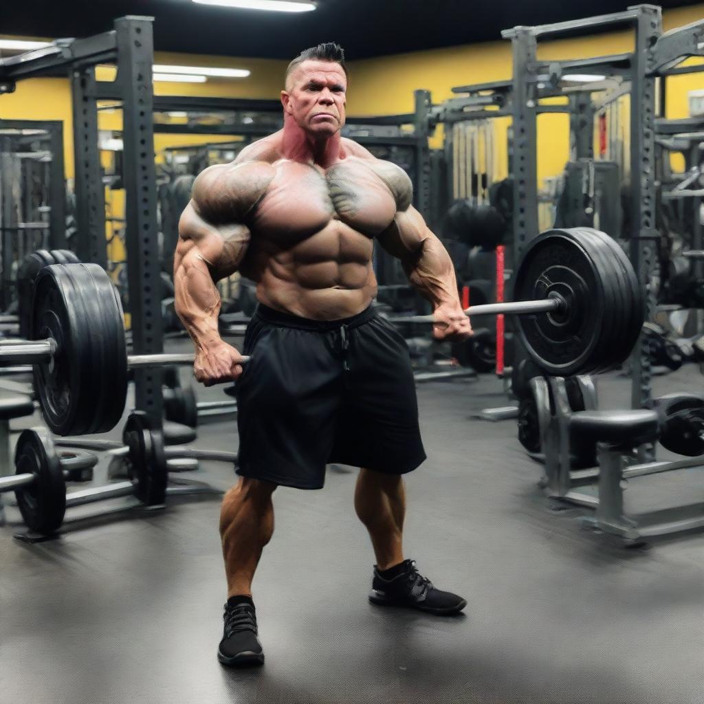 Rich Piana, a well-known bodybuilder, striking a powerful pose surrounded by gym equipment