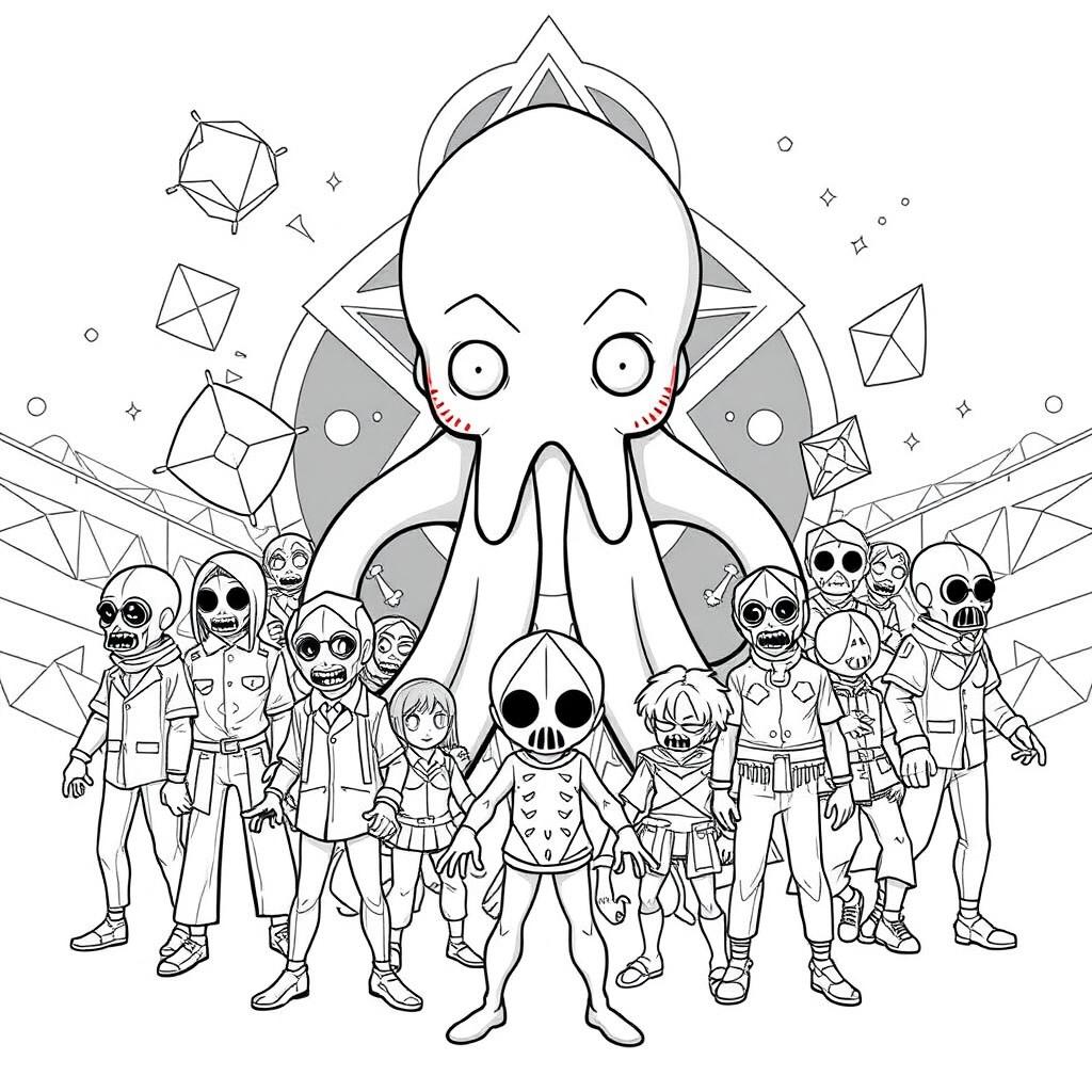 A detailed black and white illustration for coloring, inspired by the popular series 'Squid Game'