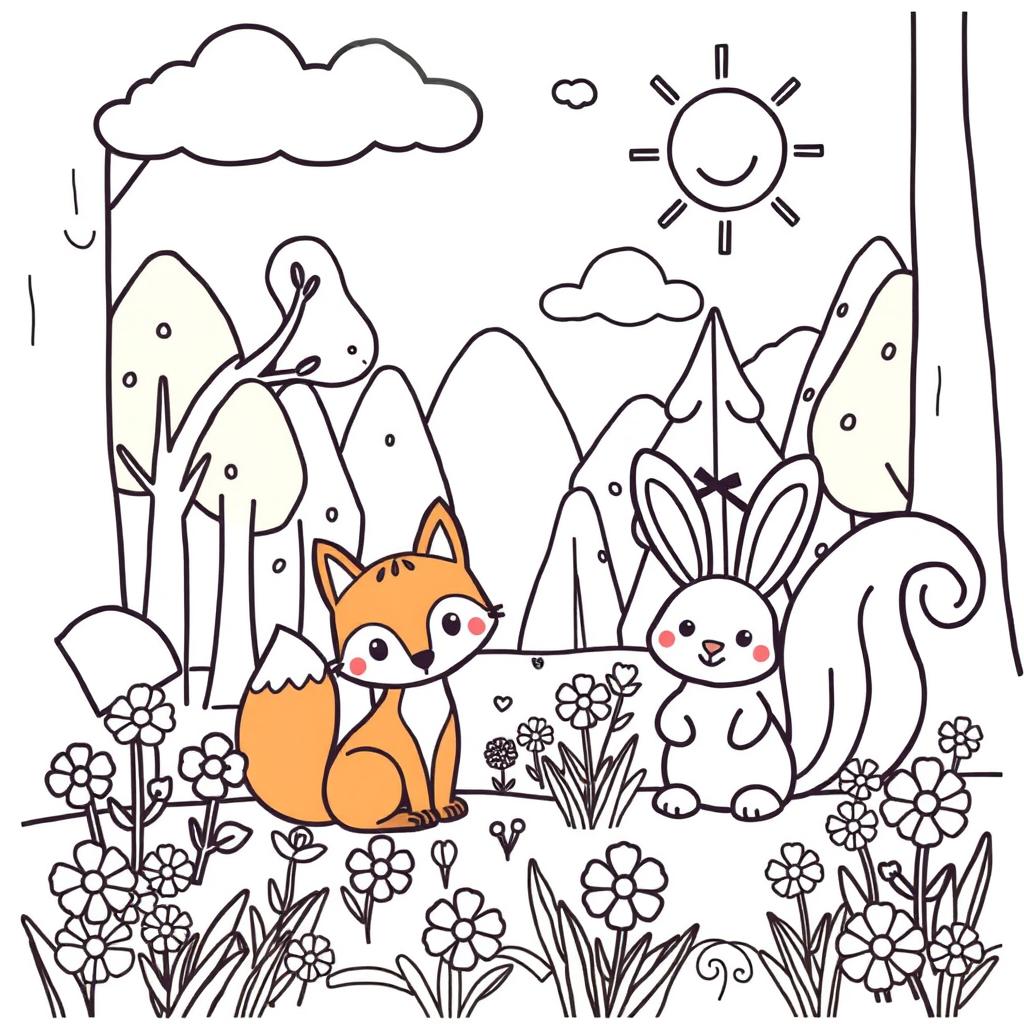 A delightful cute coloring page featuring an adorable cartoon-style forest scene