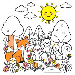 A delightful cute coloring page featuring an adorable cartoon-style forest scene