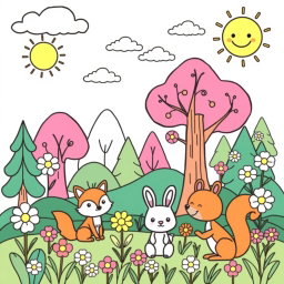 A delightful cute coloring page featuring an adorable cartoon-style forest scene