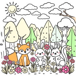 A delightful cute coloring page featuring an adorable cartoon-style forest scene
