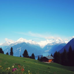 A breathtaking view of the Swiss Alps, featuring majestic snow-capped mountains under a clear blue sky