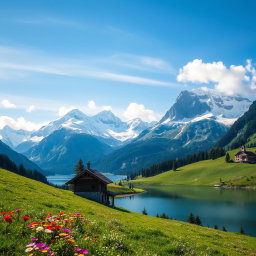 A breathtaking view of the Swiss Alps, featuring majestic snow-capped mountains under a clear blue sky