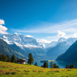 A breathtaking view of the Swiss Alps, featuring majestic snow-capped mountains under a clear blue sky