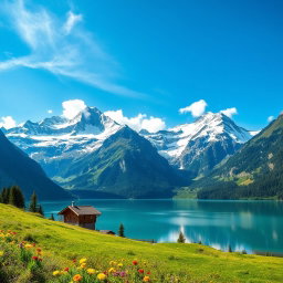 A breathtaking view of the Swiss Alps, featuring majestic snow-capped mountains under a clear blue sky