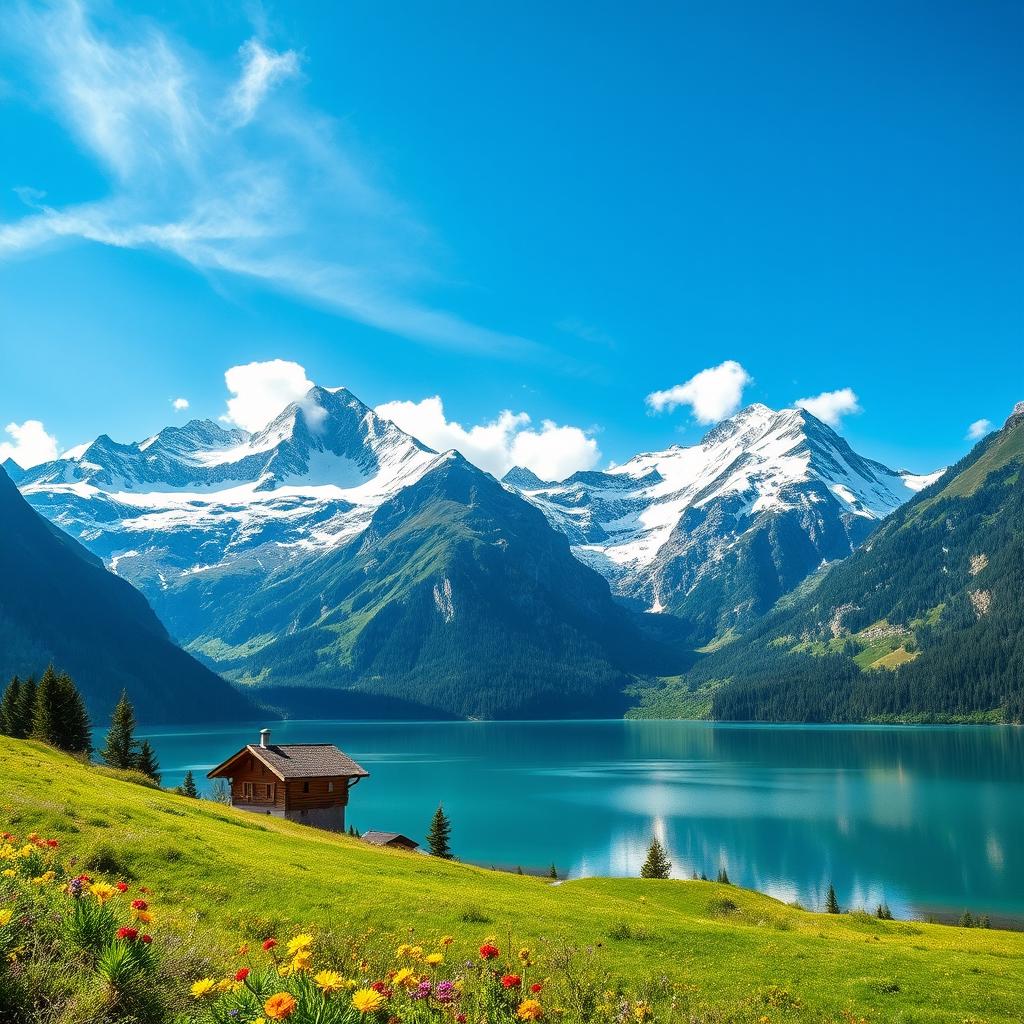 A breathtaking view of the Swiss Alps, featuring majestic snow-capped mountains under a clear blue sky