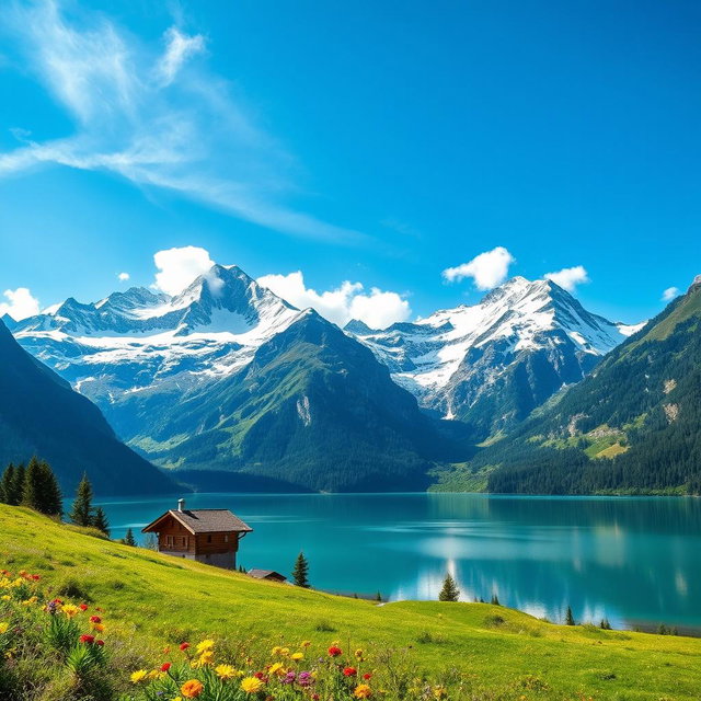 A breathtaking view of the Swiss Alps, featuring majestic snow-capped mountains under a clear blue sky