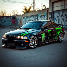 A BMW E46 modified with a striking Monster Energy design wrap