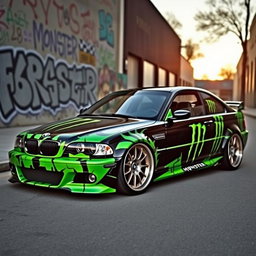 A BMW E46 modified with a striking Monster Energy design wrap