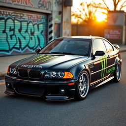 A BMW E46 modified with a striking Monster Energy design wrap