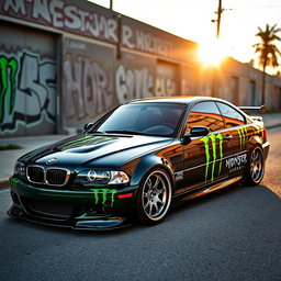 A BMW E46 modified with a striking Monster Energy design wrap