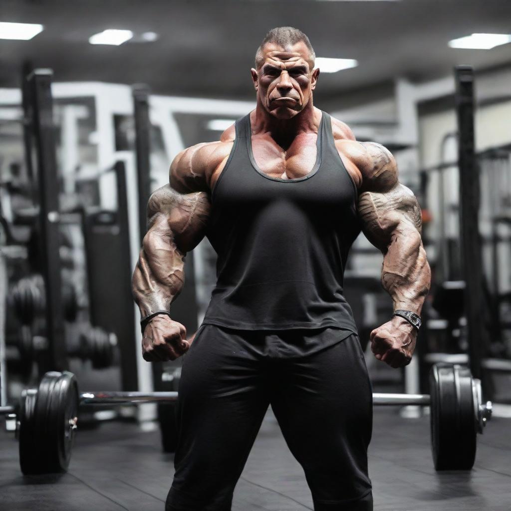 Rich Piana, a well-known bodybuilder, striking a powerful pose surrounded by gym equipment