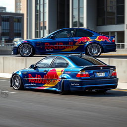 A BMW E46 with a stunning Mystic Blue Metallic finish, featuring a customized Red Bull design wrap