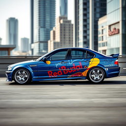 A BMW E46 with a stunning Mystic Blue Metallic finish, featuring a customized Red Bull design wrap