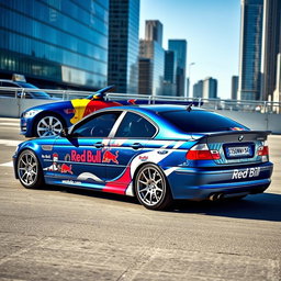 A BMW E46 with a stunning Mystic Blue Metallic finish, featuring a customized Red Bull design wrap