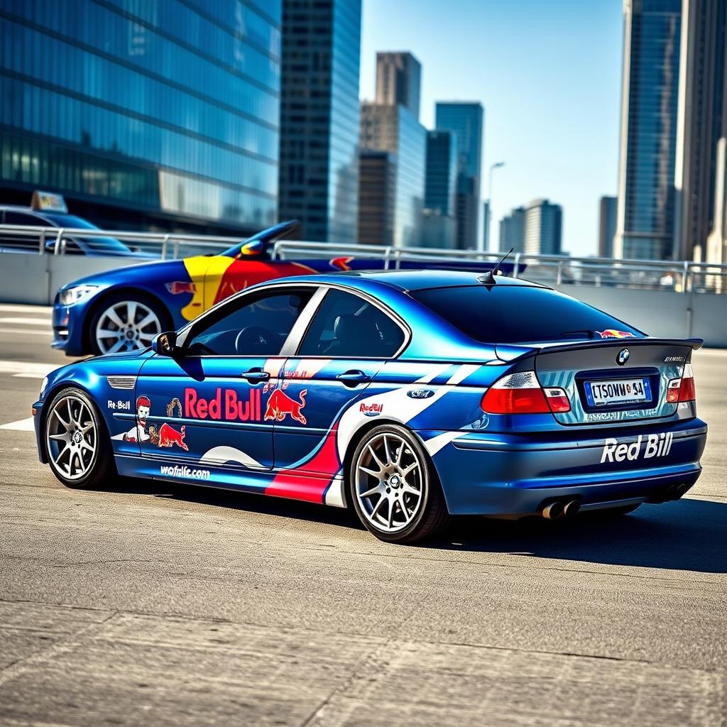 A BMW E46 with a stunning Mystic Blue Metallic finish, featuring a customized Red Bull design wrap