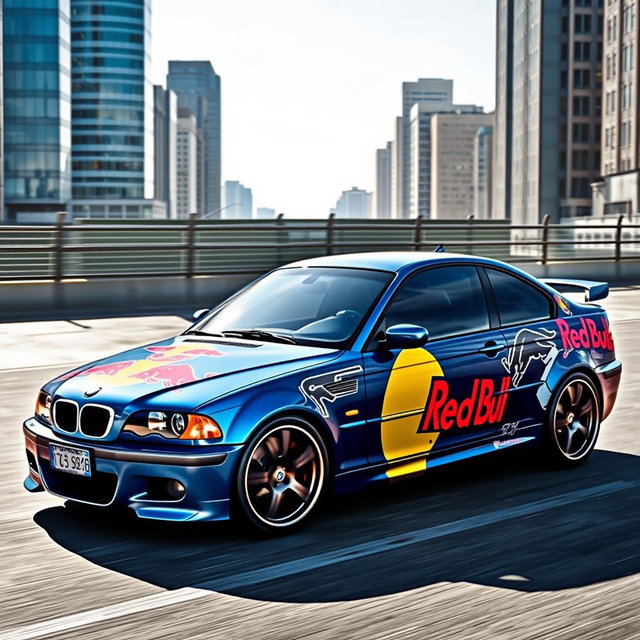 A BMW E46 with a stunning Mystic Blue Metallic finish, featuring a customized Red Bull design wrap