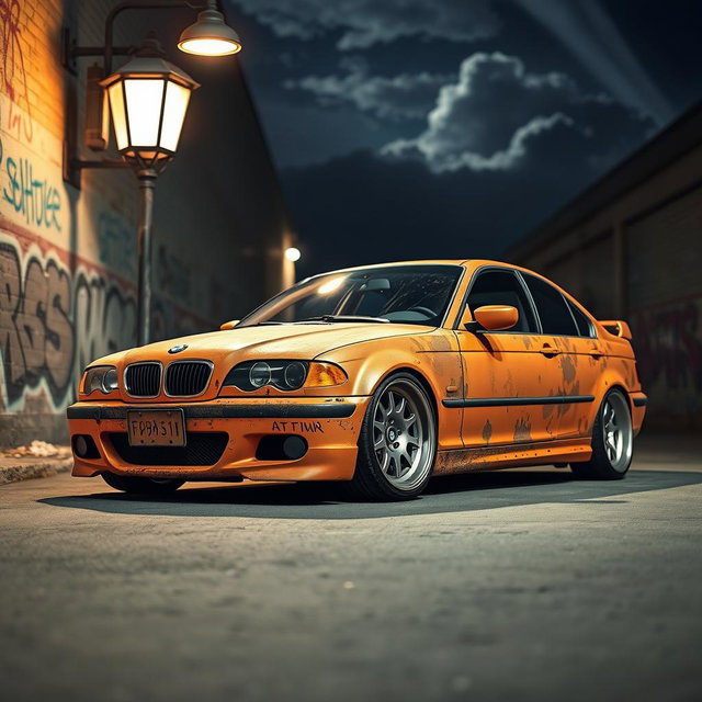 A BMW E46 in a restyled version, showcasing a rat rust style, with vivid details such as aged, rusty paintwork with a mix of orange and brown hues, a lowered stance, and vintage racing wheels that enhance its rugged appearance