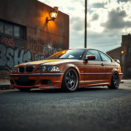 A BMW E46 in a restyled version, showcasing a rat rust style, with vivid details such as aged, rusty paintwork with a mix of orange and brown hues, a lowered stance, and vintage racing wheels that enhance its rugged appearance
