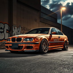 A BMW E46 in a restyled version, showcasing a rat rust style, with vivid details such as aged, rusty paintwork with a mix of orange and brown hues, a lowered stance, and vintage racing wheels that enhance its rugged appearance