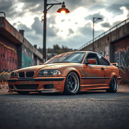 A BMW E46 in a restyled version, showcasing a rat rust style, with vivid details such as aged, rusty paintwork with a mix of orange and brown hues, a lowered stance, and vintage racing wheels that enhance its rugged appearance