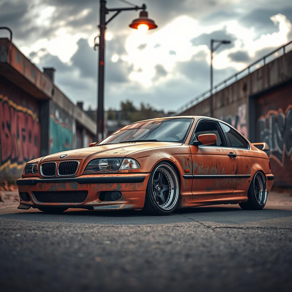 A BMW E46 in a restyled version, showcasing a rat rust style, with vivid details such as aged, rusty paintwork with a mix of orange and brown hues, a lowered stance, and vintage racing wheels that enhance its rugged appearance