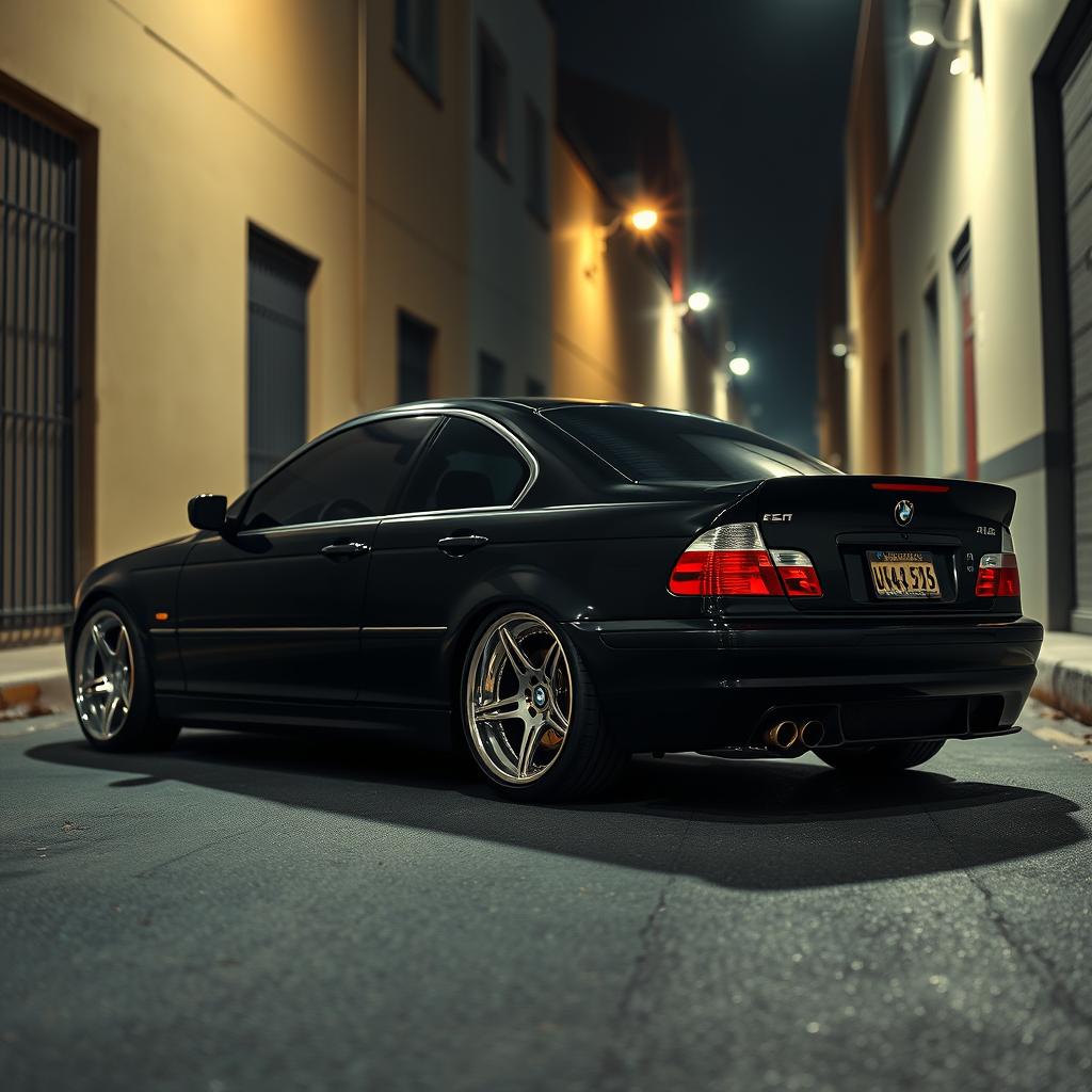 A BMW E46 styled in a sleek black mafia theme, featuring a glossy black finish that exudes a sense of luxury and sophistication