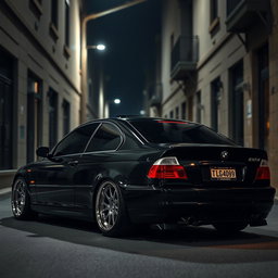 A BMW E46 styled in a sleek black mafia theme, featuring a glossy black finish that exudes a sense of luxury and sophistication