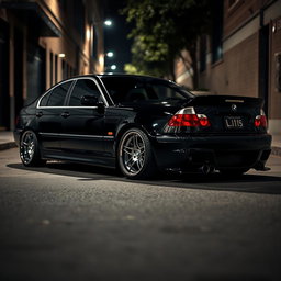 A BMW E46 styled in a sleek black mafia theme, featuring a glossy black finish that exudes a sense of luxury and sophistication