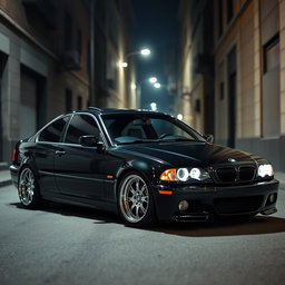 A BMW E46 styled in a sleek black mafia theme, featuring a glossy black finish that exudes a sense of luxury and sophistication