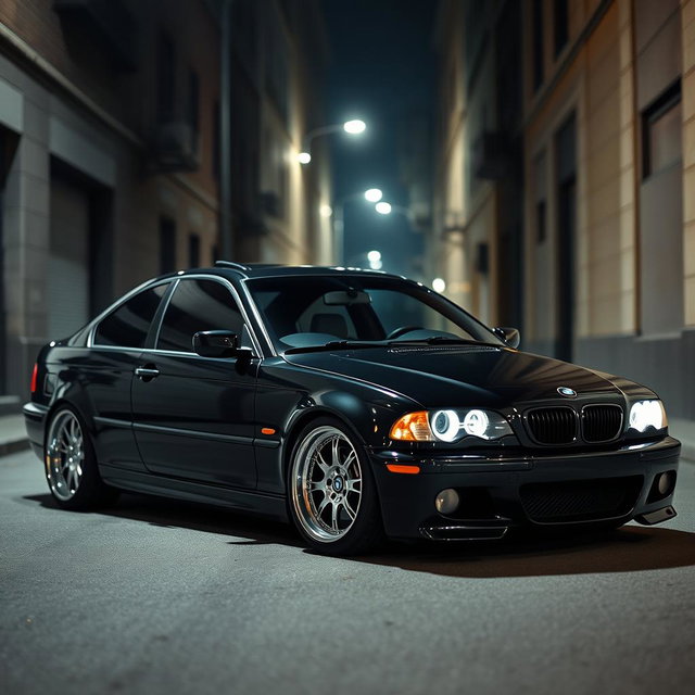 A BMW E46 styled in a sleek black mafia theme, featuring a glossy black finish that exudes a sense of luxury and sophistication