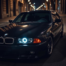 A BMW E38 styled in an elegant black mafia theme, showcasing a deep glossy black exterior that radiates sophistication and power