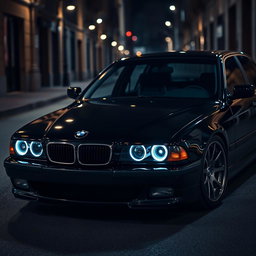 A BMW E38 styled in an elegant black mafia theme, showcasing a deep glossy black exterior that radiates sophistication and power