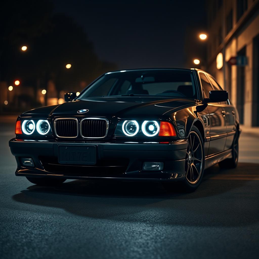 A BMW E38 styled in an elegant black mafia theme, showcasing a deep glossy black exterior that radiates sophistication and power