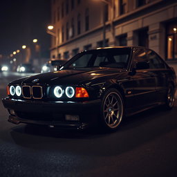 A BMW E38 styled in an elegant black mafia theme, showcasing a deep glossy black exterior that radiates sophistication and power