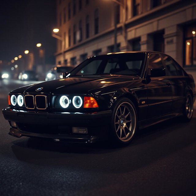 A BMW E38 styled in an elegant black mafia theme, showcasing a deep glossy black exterior that radiates sophistication and power