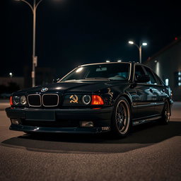 A BMW E38 styled in a bold mafia theme, featuring a sleek black exterior that conveys elegance and power