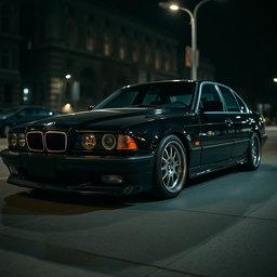 A BMW E38 styled in a bold mafia theme, featuring a sleek black exterior that conveys elegance and power
