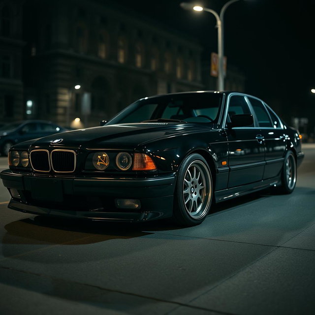 A BMW E38 styled in a bold mafia theme, featuring a sleek black exterior that conveys elegance and power