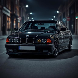 A BMW E38 styled in a bold mafia theme, featuring a sleek black exterior that conveys elegance and power