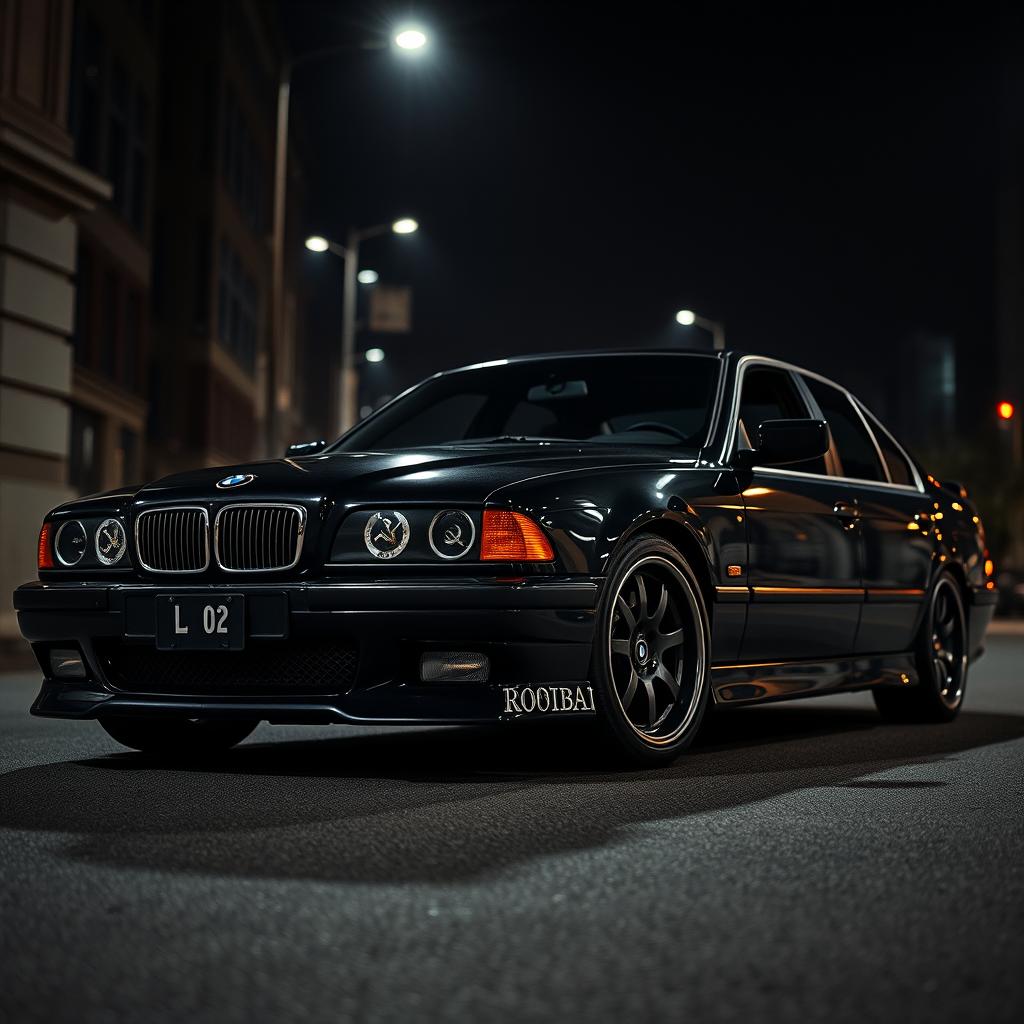 A BMW E38 styled in a bold mafia theme, featuring a sleek black exterior that conveys elegance and power