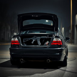 A BMW E46 parked in a moody urban environment, with the trunk open revealing an AK-49 prominently displayed on the inner trunk gate