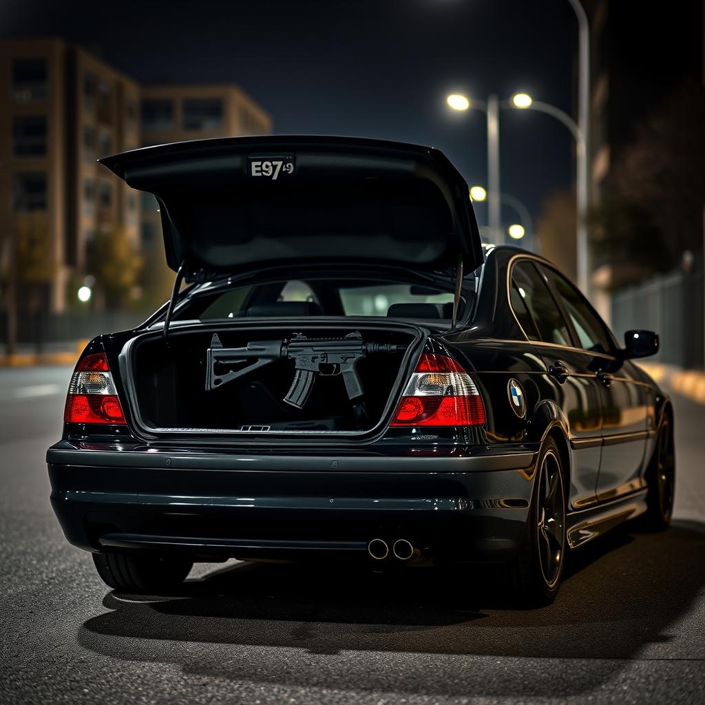 A BMW E46 parked in a moody urban environment, with the trunk open revealing an AK-49 prominently displayed on the inner trunk gate